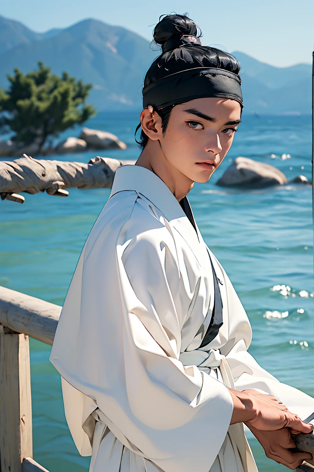 (absurdres, highres, masterpiece, best quality, ultra-realistic,ultra-detailed,(beautiful detailed face and eyes and hair:1.1),handsome,asian man,muscular,black hair,black eyes,datailed face,topknot,see-through headband,white hanbok,little sad,upper body, sea background