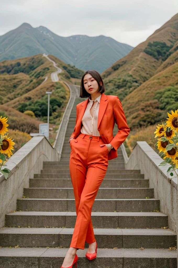 fashion portrait photo of beautiful young Japanese woman with long bob wearing sunflower, hold bag ,red long business suit unzip, pants, beautiful body,nude, nsfw, standing  on the stairs mountain background, look up camera man,taken on a hasselblad medium format camera, Instagram style , fashion pose, fashion photography 