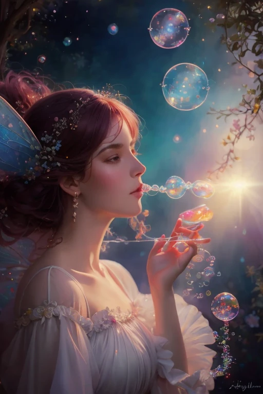 a painting of a woman in a dress blowing bubbles, lazy and wow, ethereal bubbles, moebius + lazy + wow, dreamy and detailed, intricate wow, fantasy closeup with water magic, fairy tale art, fairy tale painting, In the style of Anna Dittmann, wow art, realistic fantasy painting, Artgerm Julie Bell Beeple