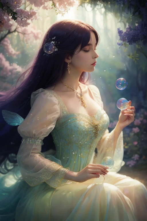 a painting of a woman in a dress blowing bubbles, lazy and wow, ethereal bubbles, moebius + lazy + wow, dreamy and detailed, intricate wow, fantasy closeup with water magic, fairy tale art, fairy tale painting, In the style of Anna Dittmann, wow art, realistic fantasy painting, Artgerm Julie Bell Beeple