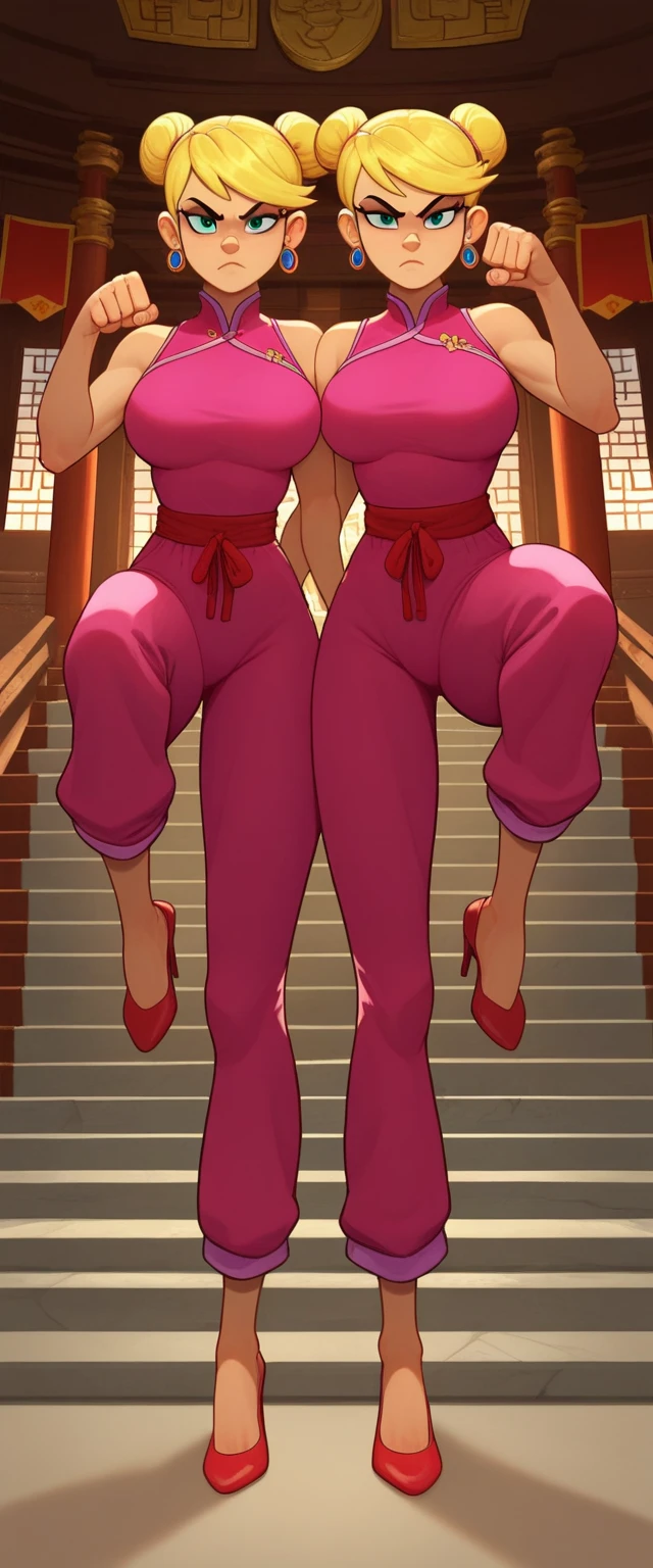 lola loud, 2girls, duo, 24yo girl, large breasts, pink cheongsam, inside of a chinese temple, looking at viewer, blonde hair, two hair buns , hands score_9, score_8_up, score_7_up, high heels, teep fighting stance,martial arts, stairs behind her, guarding the stairs, twins, long pants with pants windows on each sides