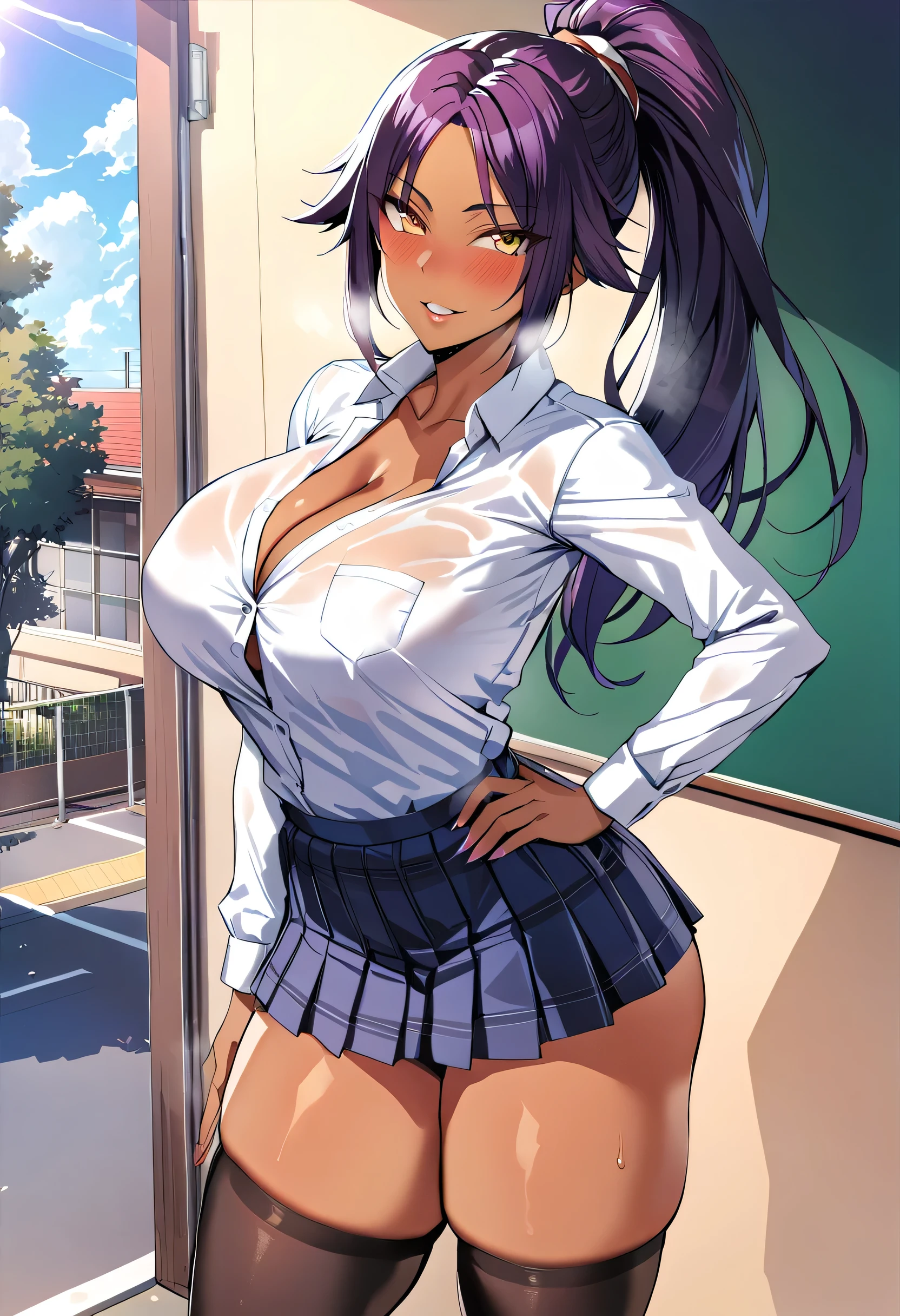 ken-1,Yoruichi, parted lips, day, yellow eyes, smile, school, long hair, purple hair, ponytail, dark-skinned female, parted bangs, dark skin, 1girl, thighs, large breasts, shirt, skirt, mini skirt, school_uniform, stockings, looking at viewer,hand on hip, heavy breath, blush, standing, cleavage, shinny skin
,best quality, masterpiece, 