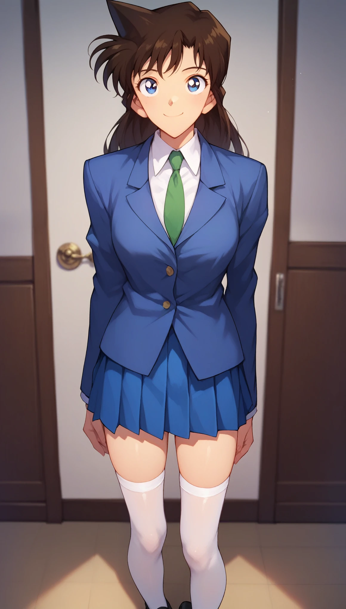 RanMoriDCXL, ran mori, detective conan, blue eyes, dark brown hair, long hair, 1 pointed hair, bangs, medium breasts, slender body, smile, blue jacket l, closed jacket, white shirt, green necktie, blue pleated short skirt, matching blue uniform, white stockings, black shoes, solo, standing, looking at viewer, indoors, facing viewers, front view, hands to the side, standing straight