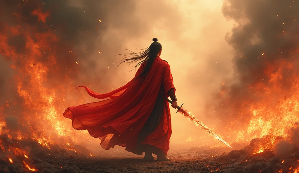 An epic front-view scene featuring a heroic ancient Chinese warrior in chinese_style, inspired by (Ink wash painting), standing powerfully amidst a raging battlefield. The warrior is dressed in flowing red and black Han dynasty robes, wielding a magic sword with energy emanating from it, symbolizing strength and strategy. Flames and embers rise around him, as he stands in the center of chaotic fire and swirling smoke, creating a high-contrast, highres scene. The scene is dramatic and intense, with a cinematic, dynamic composition that captures both motion and detail in the warrior's determined stance.
