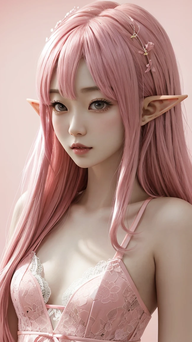 1womanl, mature, (Beautiful breasts), (Details of a very beautiful face), (Best quality:1.4), 8K resolution, high resolution, (Photorealistic, high resolution:1.4), RAW photo, (Realistic, Photorealsitic:1.37), ((naked private parts_乳房1.3)), Gloss on lips, ((Pink Long Hair:1.5)), parted lip,((pointy-eared,elvish ears:1.3)), Staring at me, hot onsen, Dense woods,(laughingly),Bigboobs