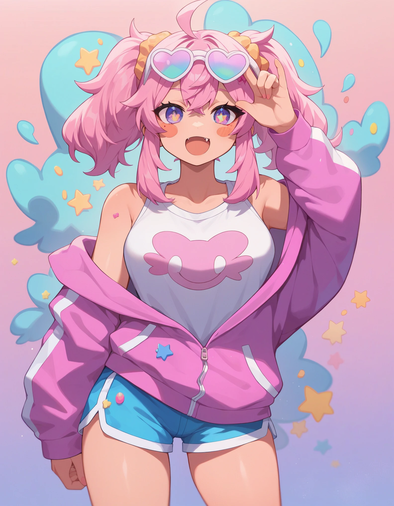 Score_9,score_8_up,score_7_up, muse_style, 1girl, solo,  mesugaki,:3,bunches,curvy,looking at viewer,blush stickers,colored sclera,pink hair,fang out,sports sunglasses,loose clothes,shorts,sprinkles,happiny,cartoonized,graffiti,pink theme,gradient background,