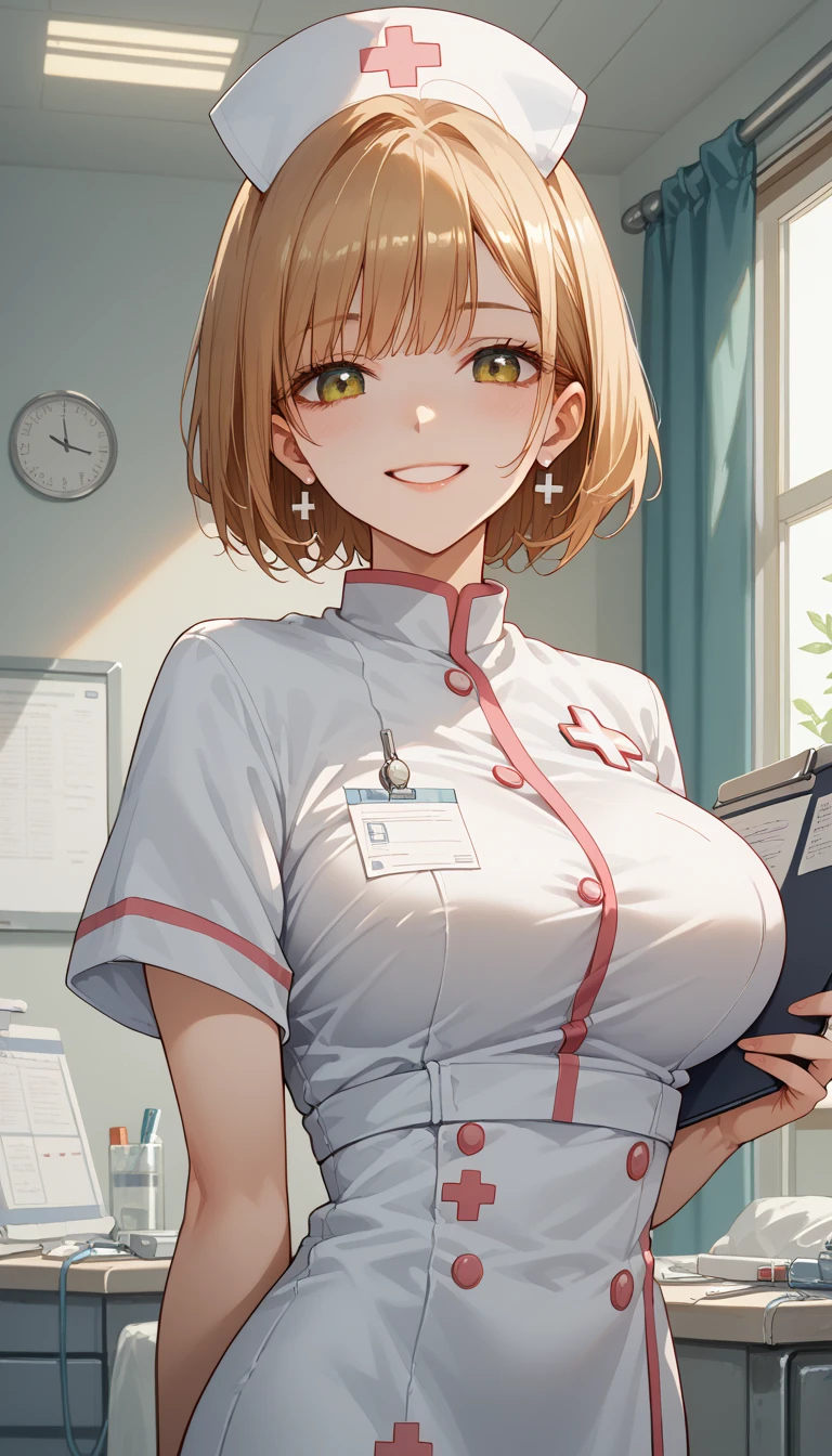 8k, Masterpiece, High Quality:1.2,  delicate illustration,  very detailed,One female,Kitagawa Marln,  bangs, kind, smile, Big Breasts, very nice,nurse,room