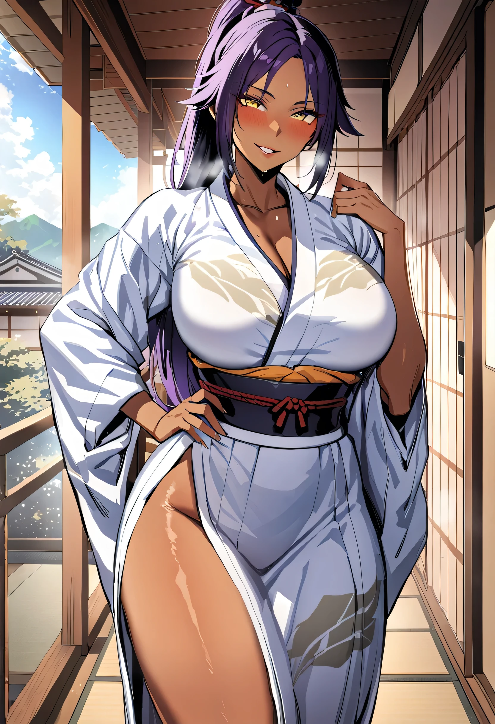 ken-1,Yoruichi, parted lips, day, yellow eyes, smile, school, long hair, purple hair, ponytail, dark-skinned female, parted bangs, dark skin, 1girl, thighs, large breasts, Japanese clothes, yukata, looking at viewer,hand on hip, heavy breath, blush, standing, shinny skin, ryokan
,best quality, masterpiece, 