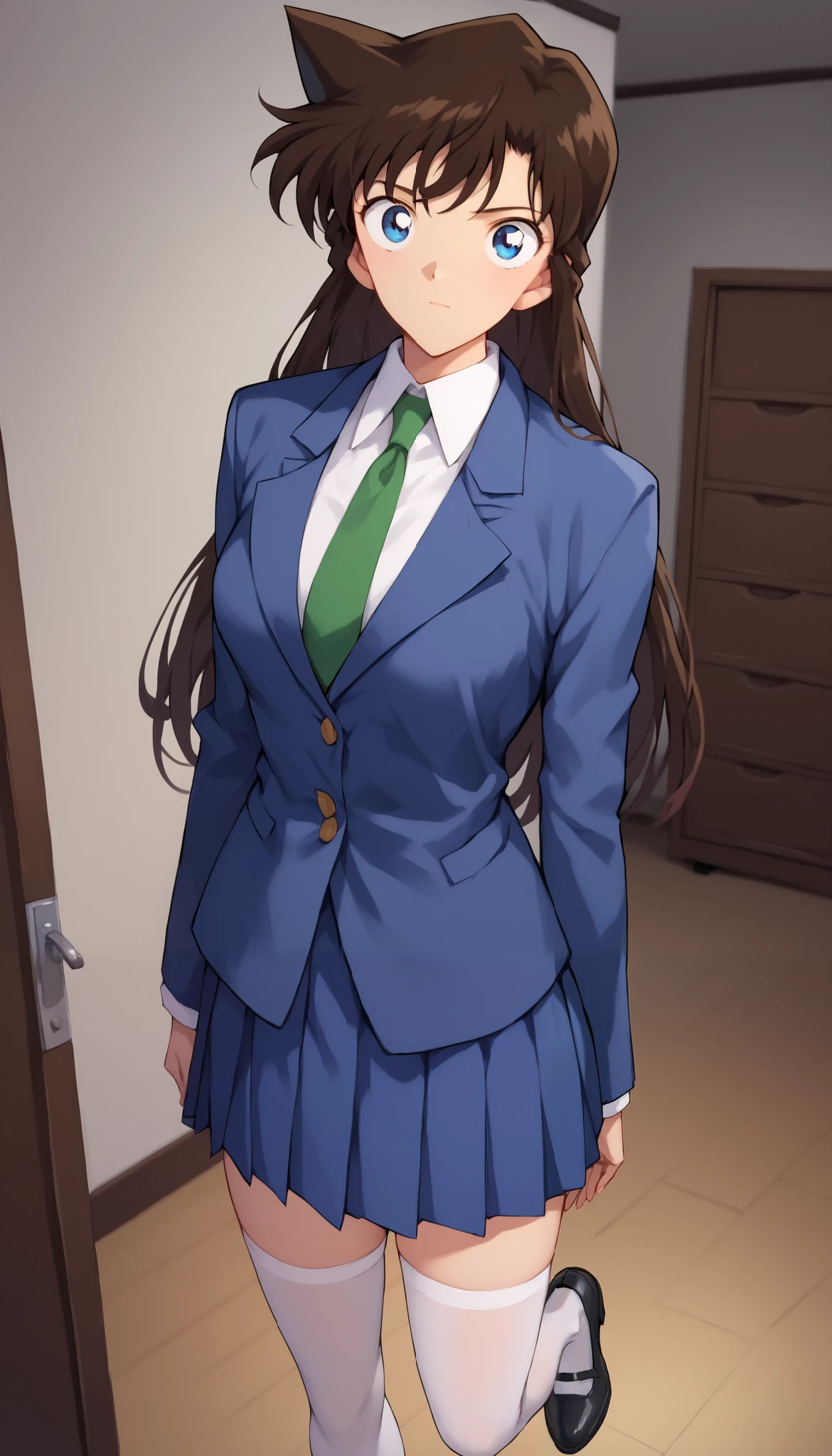 RanMoriDCXL, ran mori, detective conan, blue eyes, dark brown hair, long hair, 1 pointed hair, bangs, medium breasts, slender body, blue jacket, closed jacket, white shirt, green necktie, blue pleated skirt, white stockings, black shoes, solo, standing, looking at viewer, indoors