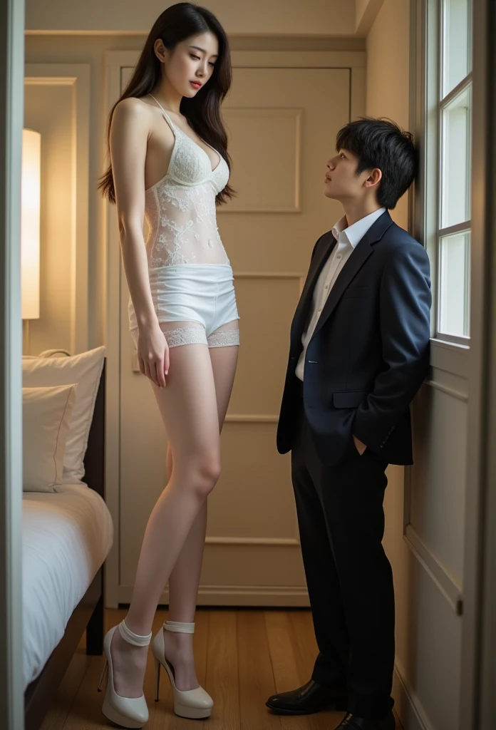 A slim Japanese giantess beauty (15 feet tall) trapped in a small bedroom, side view perspective, her head and shoulders nearly touching the 8-foot ceiling, squatting down with visible strain, hands pressing against ceiling. A regular-sized businessman (5'10") standing beside, looking up in awe. (Extreme size difference:1.4), (scale comparison:1.3), alluring facial features, Chinese beauty standards
 Giantess: Perfect hourglass figure, 15-foot tall, long toned legs in white stockings, S-line body curve, elegant Chinese features, seductive yet embarrassed expression Businessman: 5'10" tall, reaching only to giantess's thigh level, well-fitted black suit, professional appearance, expression of amazement
 Standard 8-foot ceiling height, bedroom furniture appears tiny compared to giantess, forced perspective emphasizing size difference, clear scale reference objects (bed, door, desk), cramped space for giantess but spacious for businessman
 Giantess: Form-fitting mini dress, sheer white stockings with delicate patterns, high heels Businessman: Tailored black suit, tie, polished shoes, briefcase
 Side angle view highlighting dramatic size difference, businessman positioned to show extreme height comparison, forced perspective composition, dynamic tension in space
 Dramatic lighting emphasizing scale, shadows casting size comparison, rim lighting on both figures, ambient occlusion showing space constraints
8k uhd, masterpiece quality, best quality, intricate details, professional photography, perfect composition, precise scaling