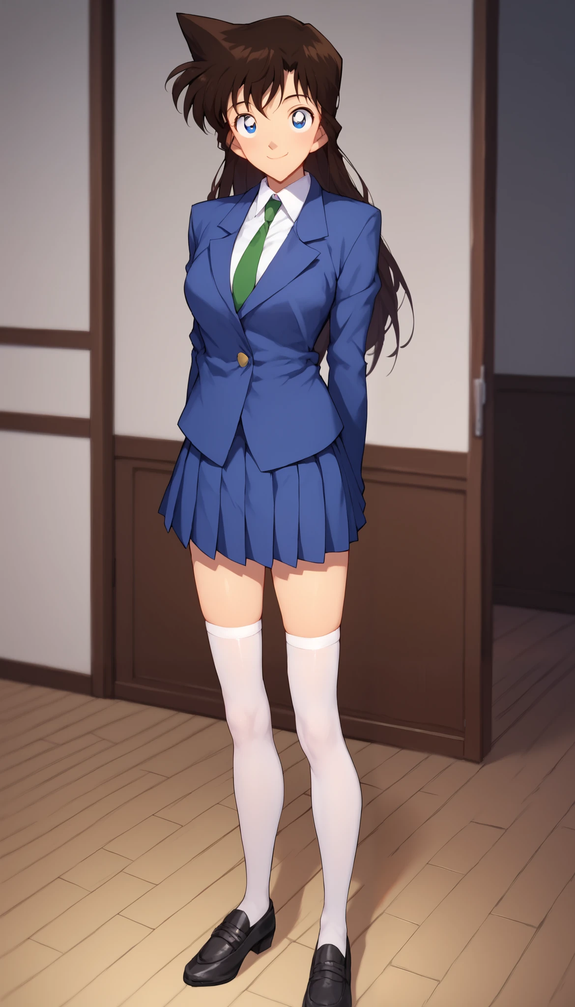 RanMoriDCXL, ran mori, detective conan, blue eyes, dark brown hair, long hair, 1 pointed hair, bangs, medium breasts, slender body, smile, blue jacket dropped on the floor, white shirt, green necktie, blue pleated short skirt, white stockings, black shoes, solo, standing, looking at viewer, indoors