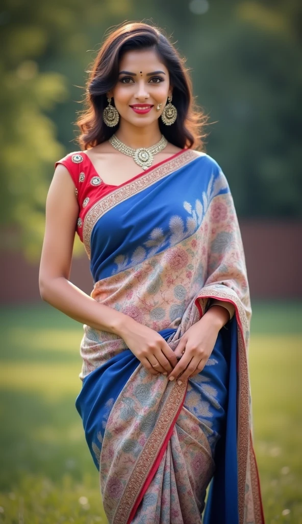 a woman in a red and blue sari posing for a picture, traditional beauty, very beautiful enga style, inspired by T. K. Padmini, blue colored traditional wear, with beautiful colors, maroon and blue accents, wearing an elegant tribal outfit, indian style, with lovely look, red brocade and blue gemstones, traditional, red and blue garments, stunningly beautiful