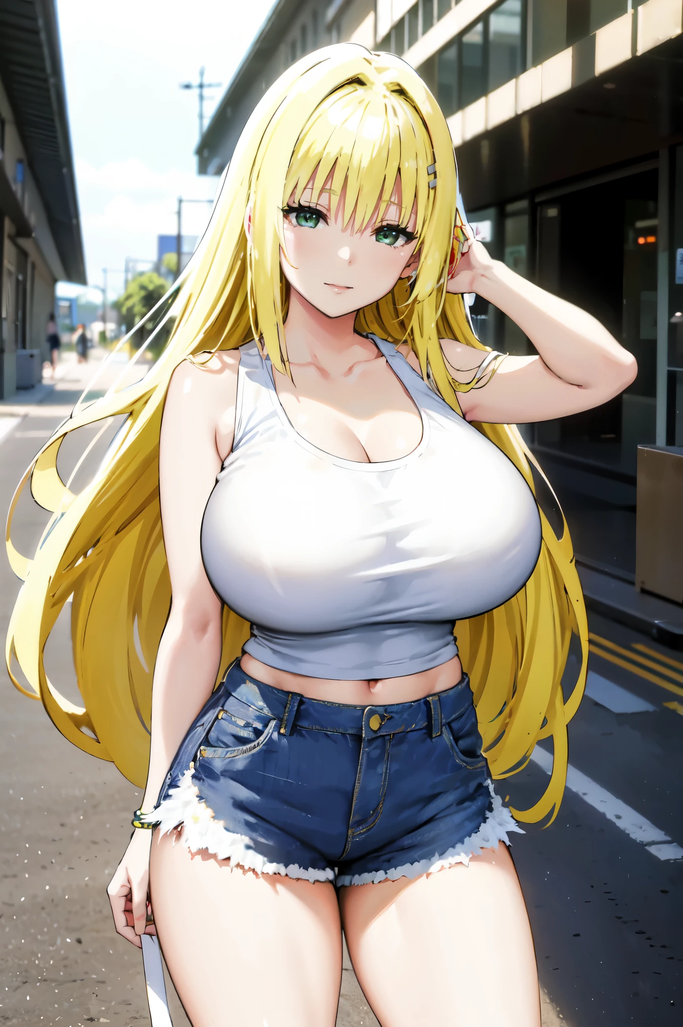 blonde hair, very huge tits , (( white tank top, short pants jeans)), ())), thick, busty, flower hairclip, green eyes, long hair, upperbody, smile, legs, thigh, at beach, sky