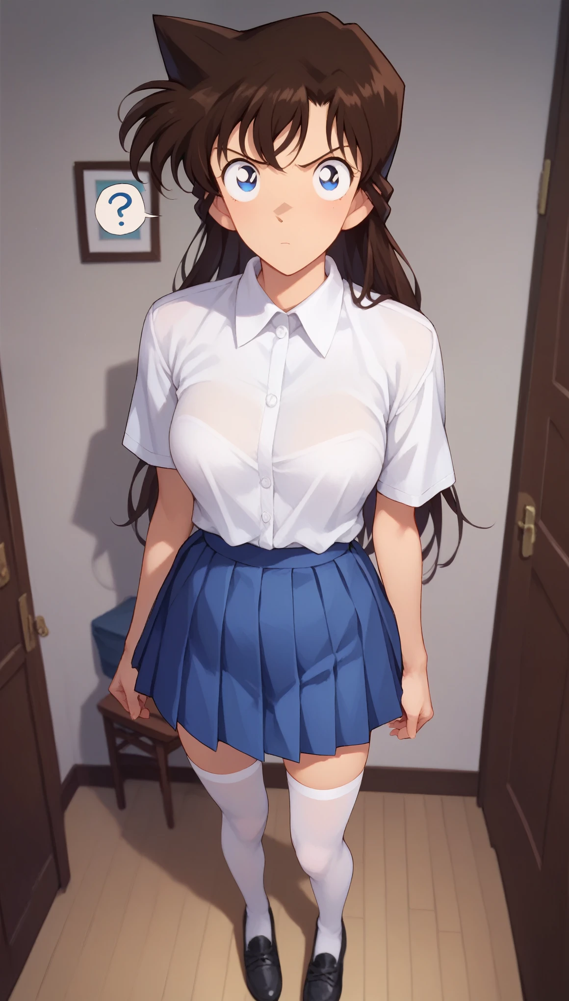 RanMoriDCXL, ran mori, detective conan, blue eyes, dark brown hair, long hair, 1 pointed hair, bangs, medium breasts, slender body, confused, white shirt, blue pleated short skirt, white stockings, black shoes, solo, standing, looking at viewer, indoors, facing viewers, front view, hands to the side, standing straight