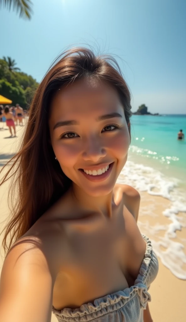 selfie, photo with GoPro camera pretty mature Pan Asian woman, with sexy bathing suit on beach, wet, smile, sharp face, soft Lighting, fisheye lens, sun flare, 