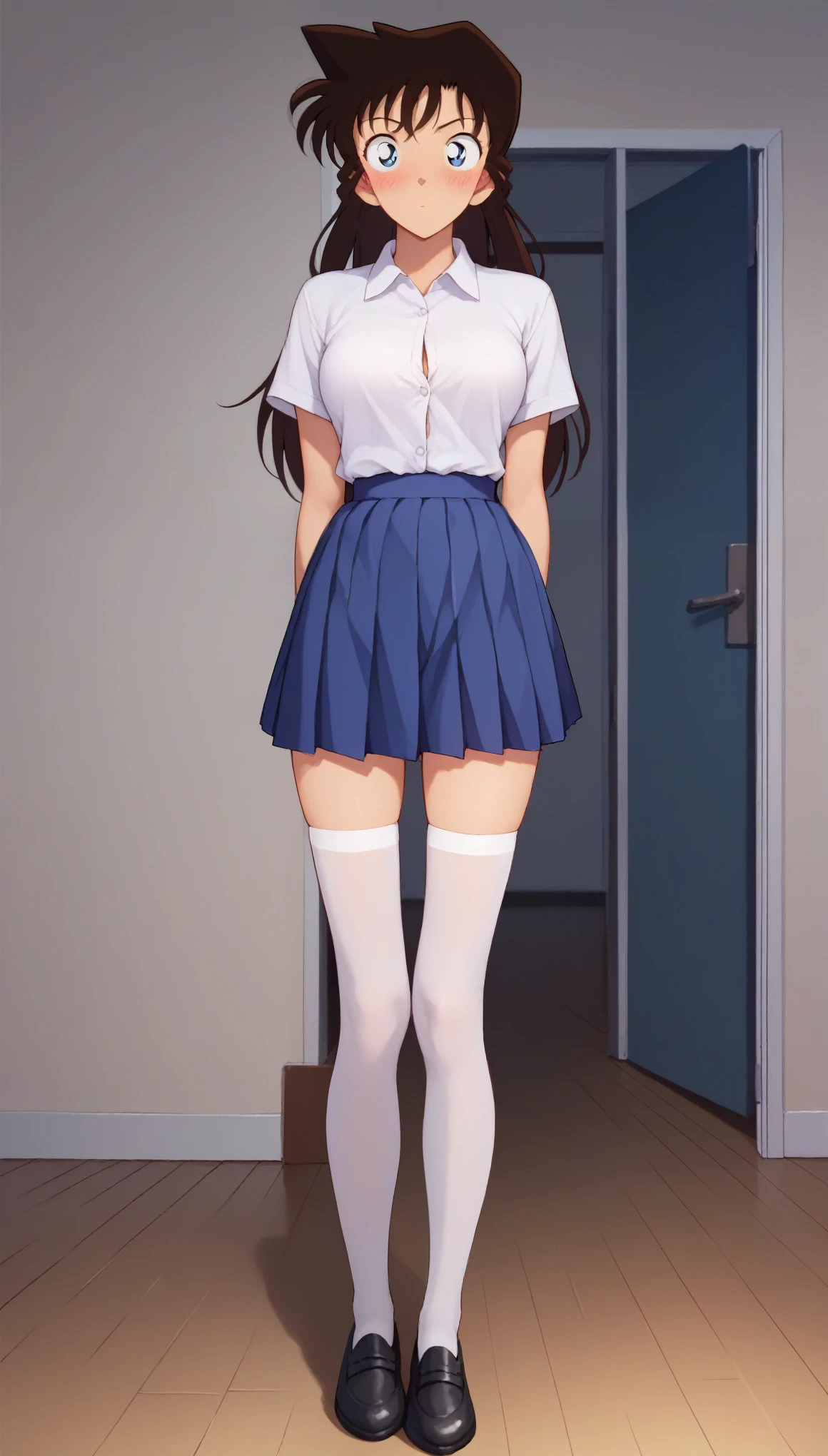 RanMoriDCXL, ran mori, detective conan, blue eyes, dark brown hair, blush, long hair, 1 pointed hair, bangs, medium breasts, slender body, confused, short sleeve white shirt, tuck out shirt from skirt, top button undone shirt, blue pleated short skirt, white stockings, black shoes, solo, standing, looking at viewer, indoors, facing viewers, front view, full body front view, straight angle, hands to the side, standing straight