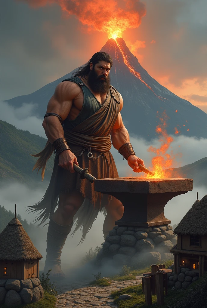 Orixa Ògún dressed in palm leaves in the forge making a sword 