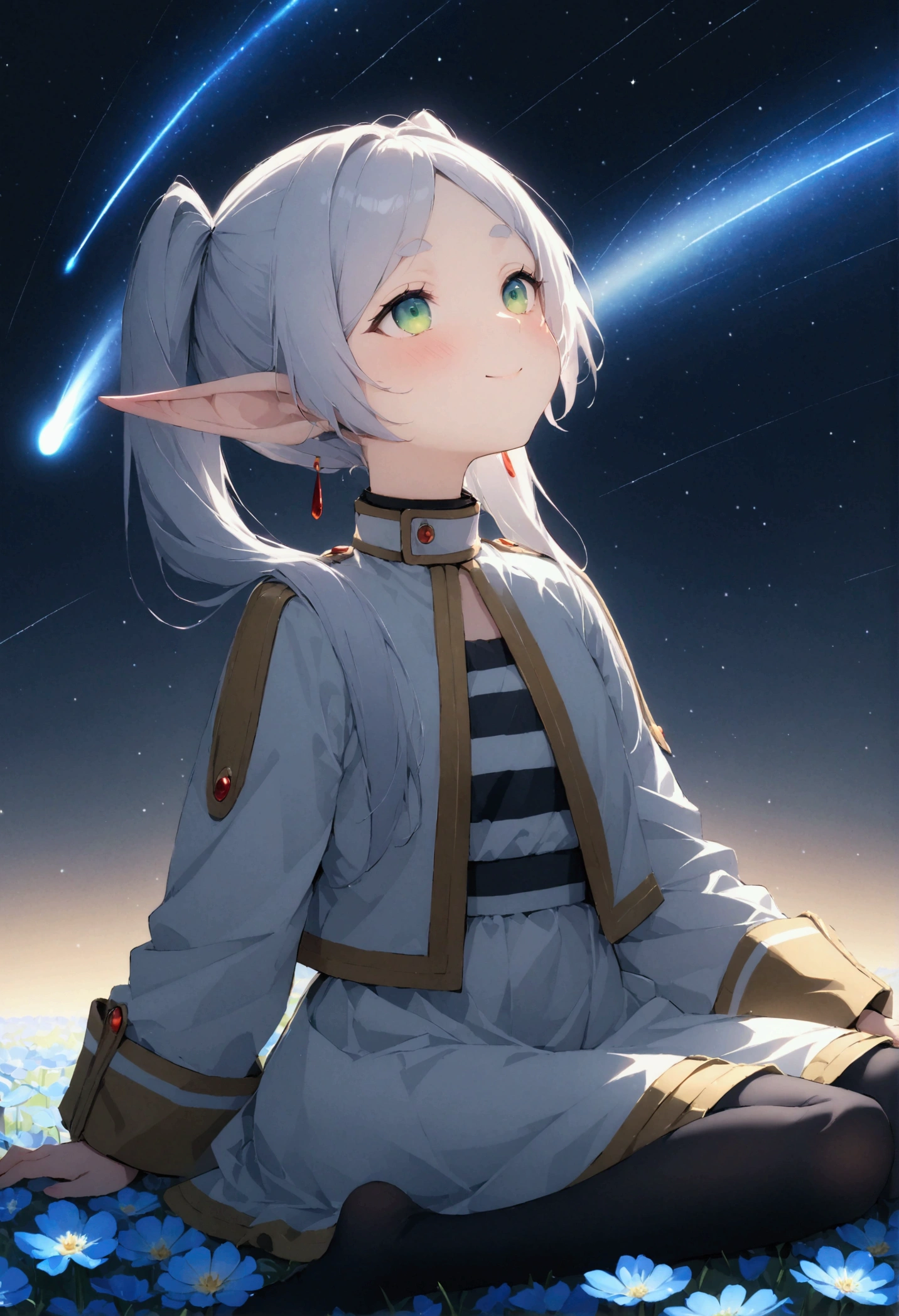  High image quality 、masterpiece、   high quality、Full HD、4K、画面の半分以上をNight Sky、 one girl sitting on the ground 、View from the side、 Funeral Freelen、 Silver Hair、 twin tails、Green Eyes、Elf Ears、 White Dress 、 striped inner、skirt with gold hem 、Black tights、 flat chest、Blushing cheeks 、 looking up at the sky 、Look Up、smile、Blue Flower Field、Draw 、Night Sky、 shooting stars、Meteor Shower