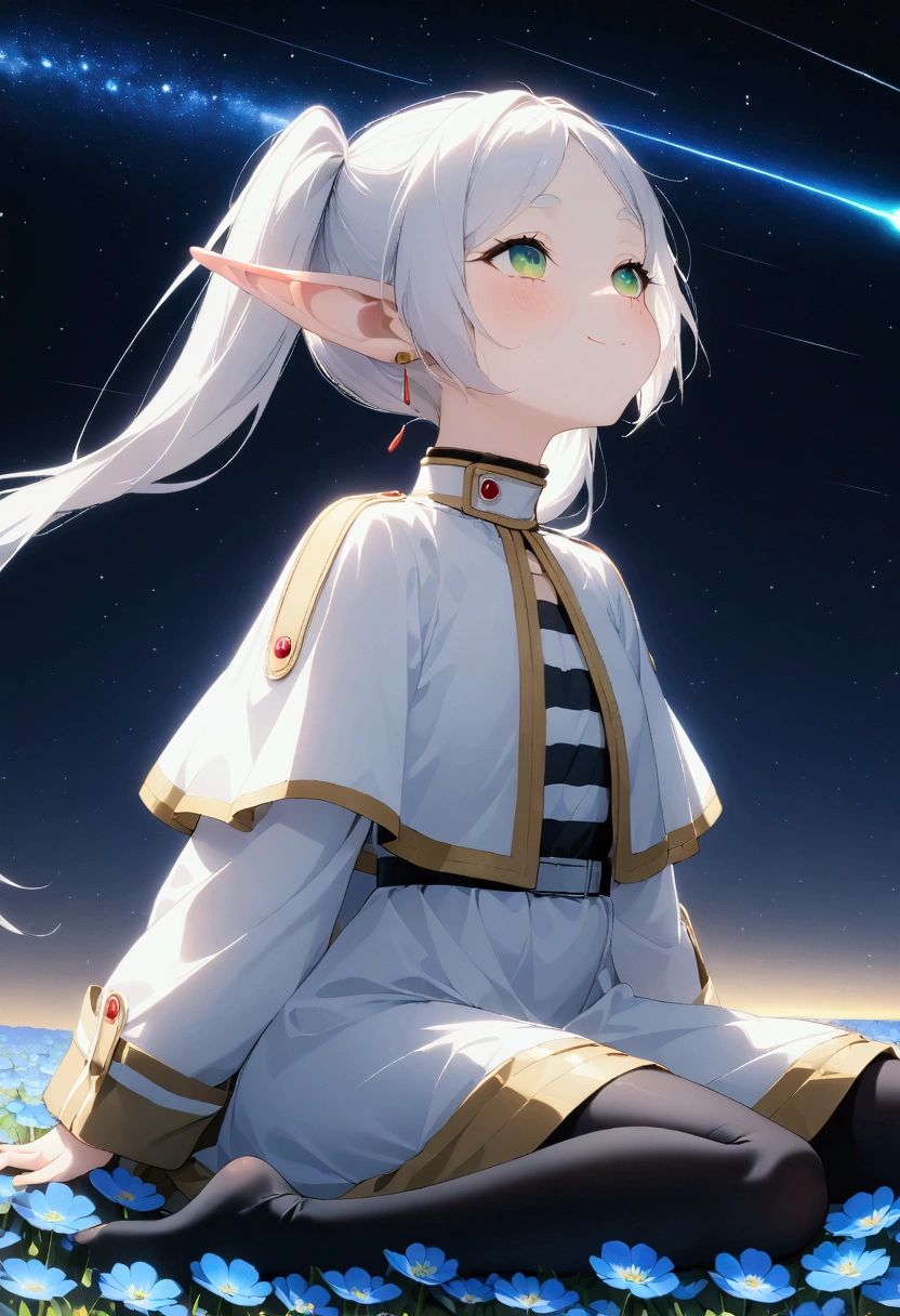  High image quality 、masterpiece、   high quality、Full HD、4K、画面の半分以上をNight Sky、 one girl sitting on the ground 、View from the side、 Funeral Freelen、 Silver Hair、 twin tails、Green Eyes、Elf Ears、 White Dress 、 striped inner、skirt with gold hem 、Black tights、 flat chest、Blushing cheeks 、 looking up at the sky 、Look Up、smile、Blue Flower Field、Draw 、Night Sky、 shooting stars、Meteor Shower