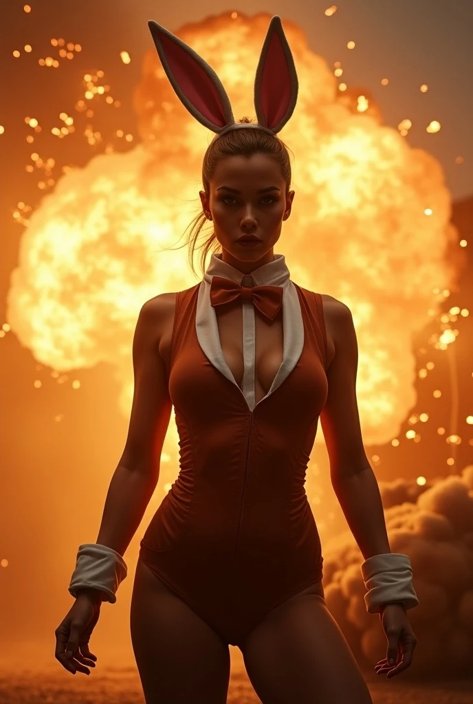 Rocky Rabbit female sex with a very beautiful face, elongated blue eyes with a six pack body and very tall with red shorts and bra destroys the city of Paris, the buildings collapse and catch fire due to the power of Rocky Rabbit, dust and The smoke rises, there is a Red Bull drink in his hand