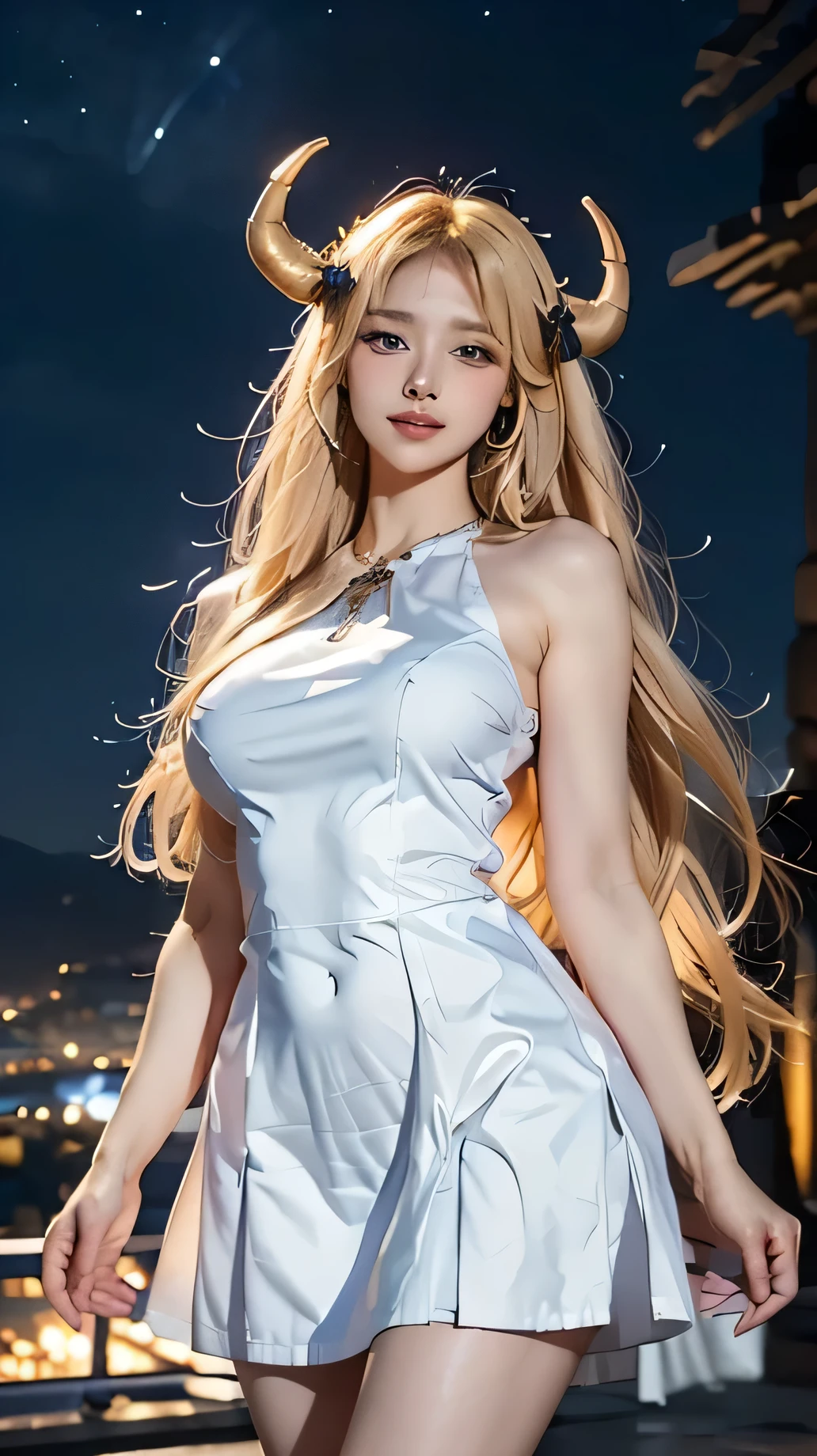 1girl, Blue eyes, (smile), (beautiful makeup :1.2), (wide hips), (Big tits), (big ass), (Best Quality, 8k, Masterpiece: 1.3), perfect hands, Clear Focus: 1.2, Perfect Body Beauty: 1.4, Highly detailed face and skin texture, detailed eyes, double eyelids, (shiny skin :1.2), ((blonde long hair :1.4)), (glamorous silver short dress :1.2), bare shoulders, gold necklace, standing, dynamic pose, (view from back :1.2), on the freeway at night, illuminated city in the background