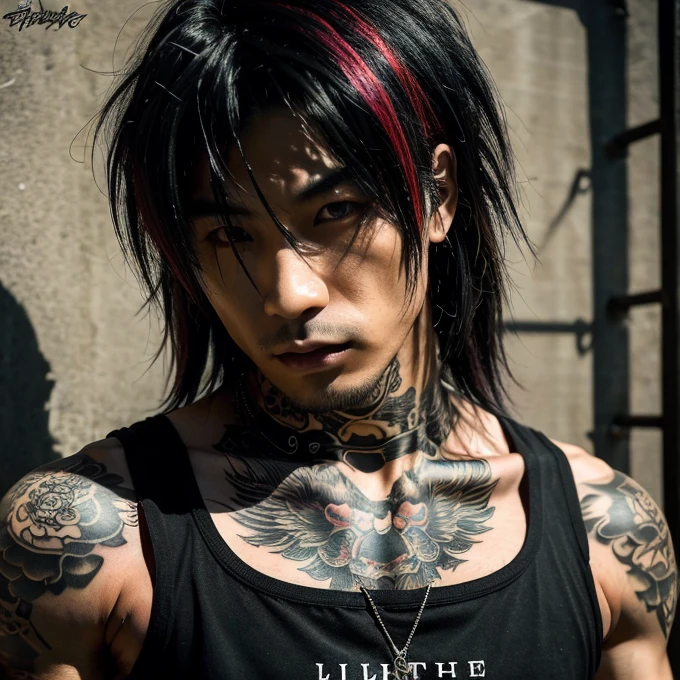 1 man, Japanese man, male, Asian eyes, muscular, broad shoulders, yakuza tattoos, hairstyle Visual Kei style, hair Visual Kei, black men's shirt and black pants, ultra detailed face, hyperrealistic, realistic representation, long hair, long hair, 30 years old, age 30 years, blonde hair, full body view