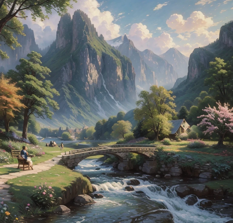 Impressionism、Monet、scenery、masterpiece、River painting with village and mountains in the background,  beautiful art UHD 4K ,  landscape painting,  Thomas Kinkade ,  Thomas Kinkade  CFG _ Scale 9,  8K HD detailed oil painting , Romantic Landscape,  Thomas Kinkade ,  Thomas Kinkade  CFG _ scale 8 , 4 k マット  Thomas Kinkade , Beautiful scenery, Dreamscape Art