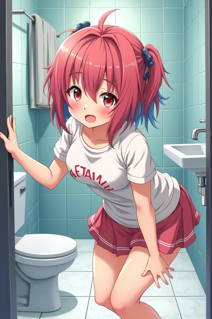 Futano Nakano(The Bride of Fifths)、1girl in, masterpiece、top-quality、{NSFW}, pissing, {vagina}, toilet, pubick hair、open legs, Ikiki、Shy、window、huge tit、Angry、skirt off, blue-sky、