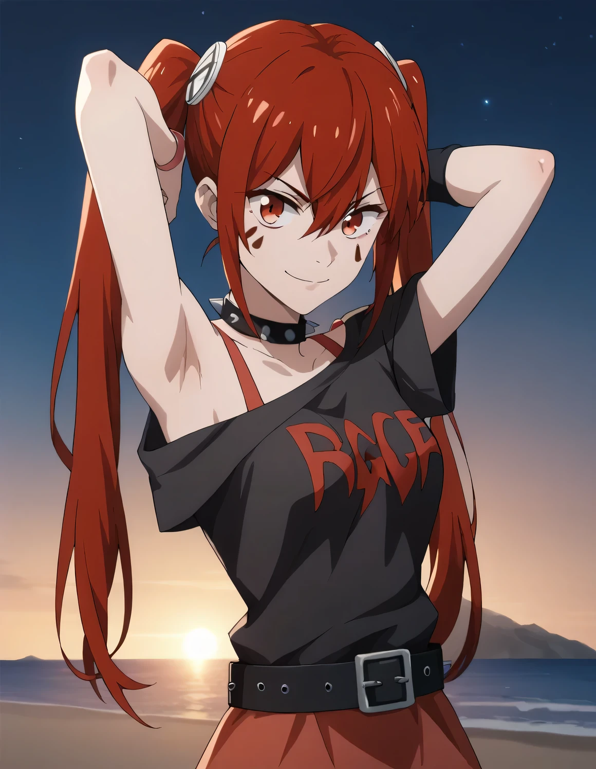 anarchy, long hair, red hair, twintails, red eyes, facial mark, bangs, hair between eyes, ,
skirt, shirt, shoulders, belt, off shoulder, collar, black shirt, red skirt, wristband, spikes, off-shoulder shirt, spiked collar, high quality, closed mouth, looking at viewer, smile, showing armpit, solo, {contrapposto}, spread armpit, arms behind head, cowboy shot, night sky, beach, best quality