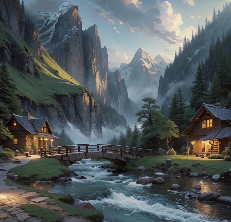 River painting with village and mountains in the background,  Thomas Kinkade による美術作品,  CG Society Contest Winners  ,  Fantasy Art ,  beautiful art UHD 4K ,  landscape painting,  Thomas Kinkade ,  Thomas Kinkade  CFG _ Scale 9,  8K HD detailed oil painting , Romantic Landscape,  Thomas Kinkade ,  Thomas Kinkade  CFG _ scale 8 