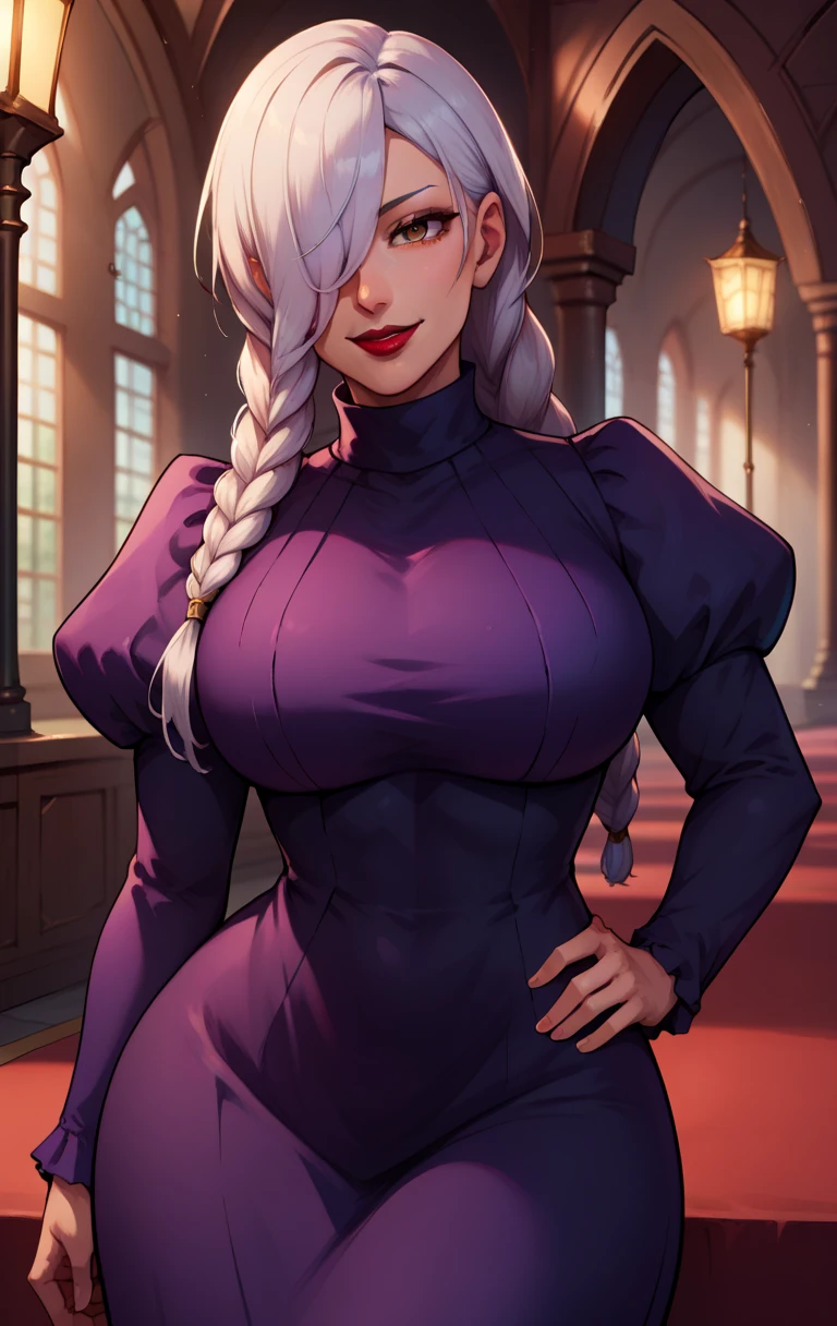 ken-1, score_9, score_8_up, score_7_up, BREAK,   MeimeiSDXL, 1girl, solo, long hair, breasts, looking at viewer, smile, brown eyes, large breasts, long sleeves, dress, braid, puffy sleeves,white hair, black dress, hair over one eye, blurry, black dress, hand on hip, makeup, blurry background, lipstick, juliet sleeves, purple dress, curvy, wide hips, braided ponytail, red lips, braided bangs, turtleneck dress