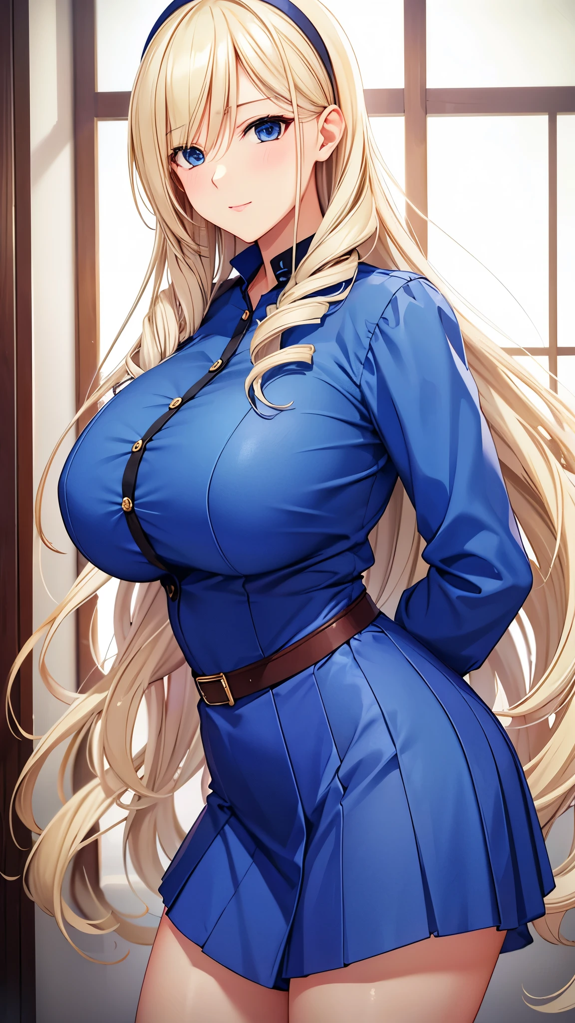 masterpiece, Best Quality、Best Quality,(8k resolution),Beauty、( Look like an adult  :1.2)、 （  sexy and perfect style）、(( Big Breasts))、 、 Blonde （ Long Hair ）、Blue clothes