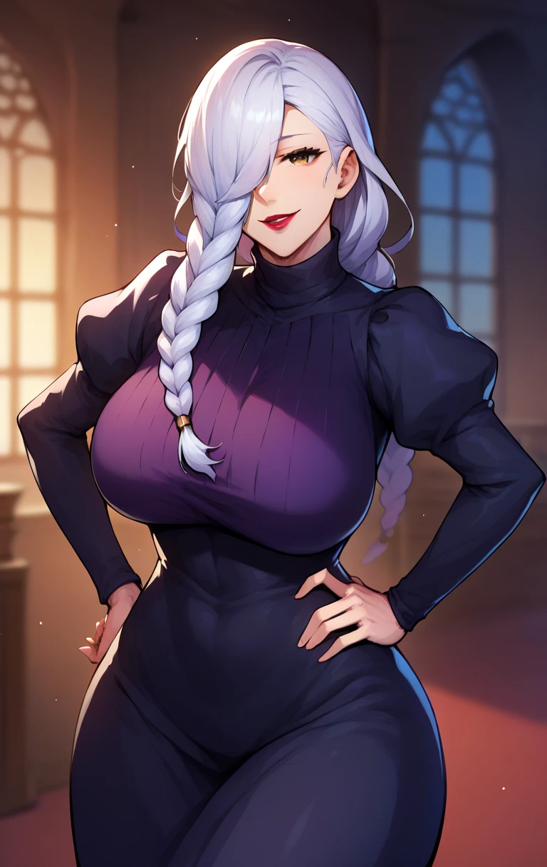 ken-1, score_9, score_8_up, score_7_up, BREAK,   MeimeiSDXL, 1girl, solo, long hair, breasts, looking at viewer, smile, brown eyes, large breasts, long sleeves, dress, braid, puffy sleeves,white hair, black dress, hair over one eye, blurry, black dress, hand on hip, makeup, blurry background, lipstick, juliet sleeves, purple dress, curvy, wide hips, braided ponytail, red lips, braided bangs, turtleneck dress