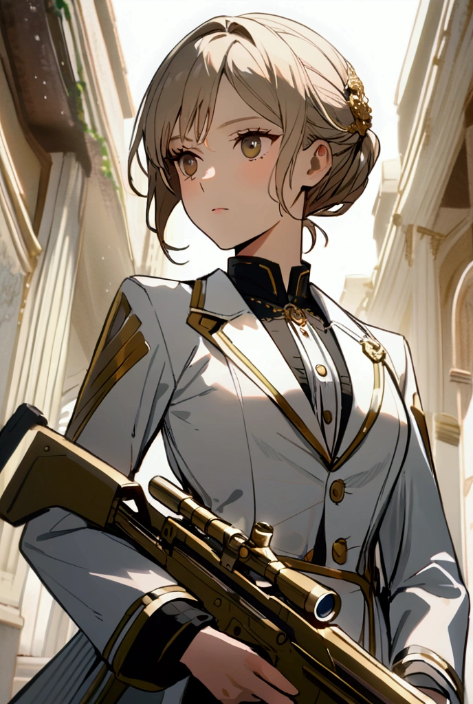  Young scientist wearing a gold sniper, white coat and elegant attire .
