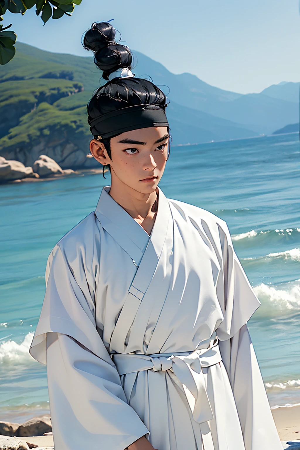 (absurdres, highres, masterpiece, best quality, ultra-realistic,ultra-detailed,(beautiful detailed face and eyes and hair:1.1),handsome,asian man,muscular,black hair,black eyes,datailed face,topknot,see-through headband,white hanbok,little sad,upper body, sea background