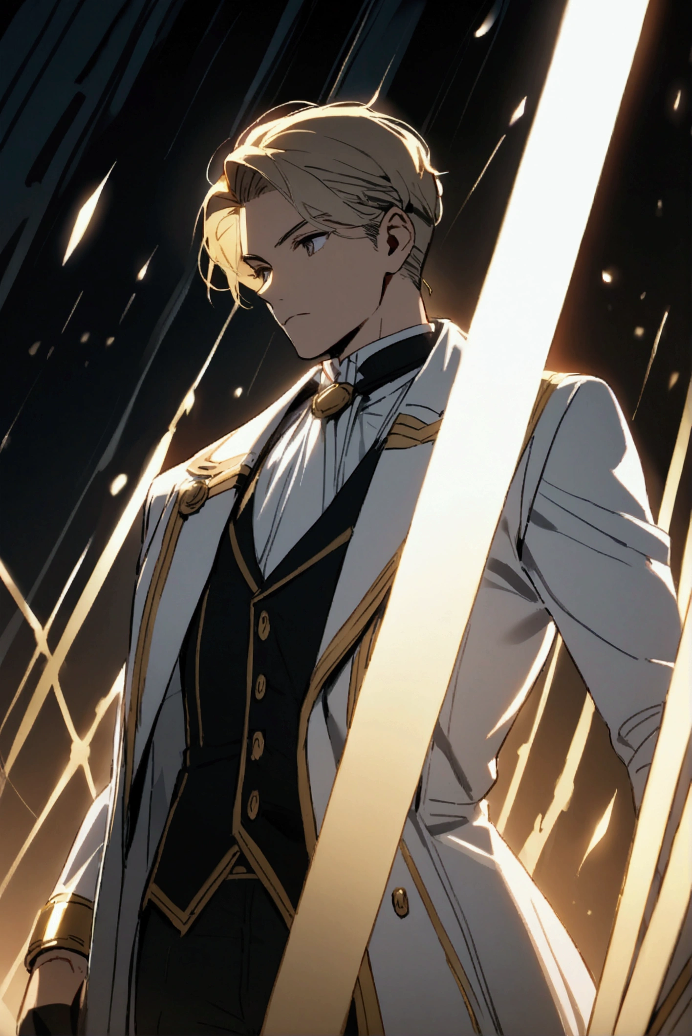 man,  Young scientist wearing a gold sniper, white coat and elegant attire .
