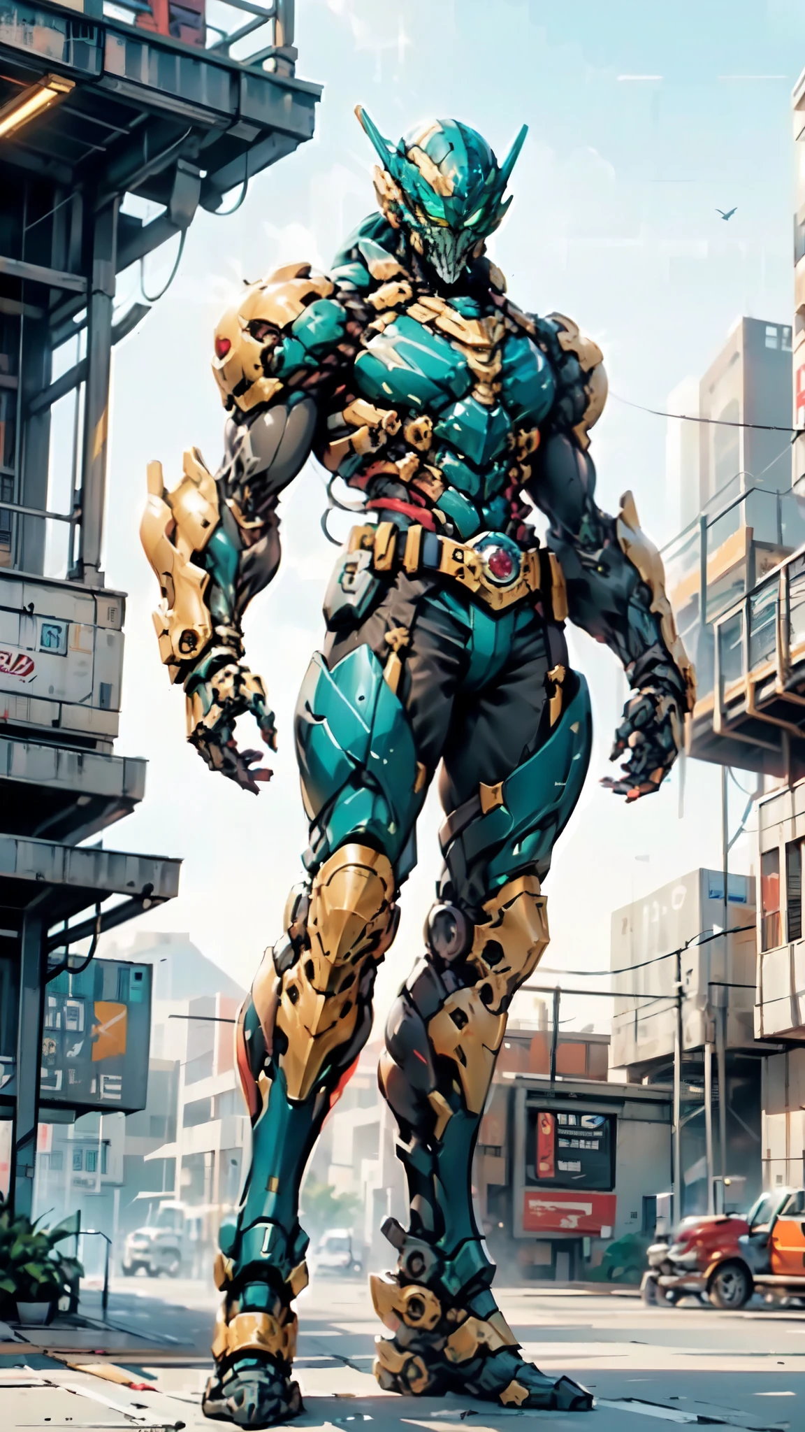 (masterpiece:1.5, best quality:1.5, extremely delicate:1.5), ((male:1.5)), a man wearing a full-face helmet, green eyes, fantasy-style high-tech biomimetic armored combat suit, (a composite layered chest armor), the design balances heavy with agility, fully enclosed shoulder guards, matching arm and leg guards, a belt of gemstone, (the color scheme is primarily White with Blue and Red accents, Organic Biotech, Concept Inspired by Skull, glowing eyes, armor glows, stand of a futuristic sci-fi city), this character embodies a finely crafted fantasy-style armored hero in anime style, exquisite and mature art style, metallic, high definition, highres, ultra-detailed, ultra-fine painting, professional, perfect body proportions, golden ratio, anatomically correct, symmetrical face, extremely detailed eyes and face, high quality eyes, creativity, RAW photo, UHD, 32k, Natural light, cinematic lighting, masterpiece-anatomy-perfect