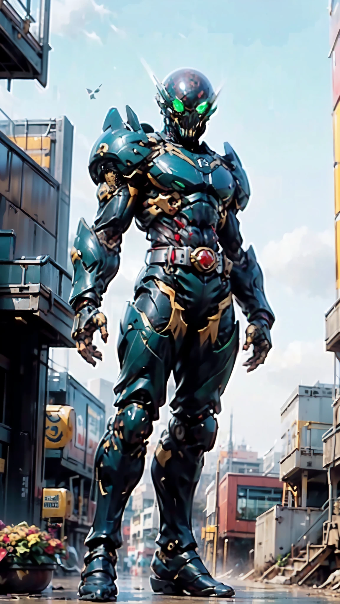 (masterpiece:1.5, best quality:1.5, extremely delicate:1.5), ((male:1.5)), a man wearing a full-face helmet, green eyes, fantasy-style high-tech biomimetic armored combat suit, (a composite layered chest armor), the design balances heavy with agility, fully enclosed shoulder guards, matching arm and leg guards, a belt of gemstone, (the color scheme is primarily White with Blue and Red accents, Organic Biotech, Concept Inspired by Skull, glowing eyes, armor glows, stand of a futuristic sci-fi city), this character embodies a finely crafted fantasy-style armored hero in anime style, exquisite and mature art style, metallic, high definition, highres, ultra-detailed, ultra-fine painting, professional, perfect body proportions, golden ratio, anatomically correct, symmetrical face, extremely detailed eyes and face, high quality eyes, creativity, RAW photo, UHD, 32k, Natural light, cinematic lighting, masterpiece-anatomy-perfect