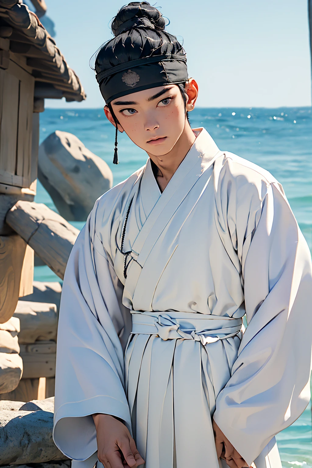 (absurdres, highres, masterpiece, best quality, ultra-realistic,ultra-detailed,(beautiful detailed face and eyes and hair:1.1),handsome,asian man,muscular,black hair,black eyes,datailed face,topknot,see-through headband,white hanbok,little sad,upper body, sea background