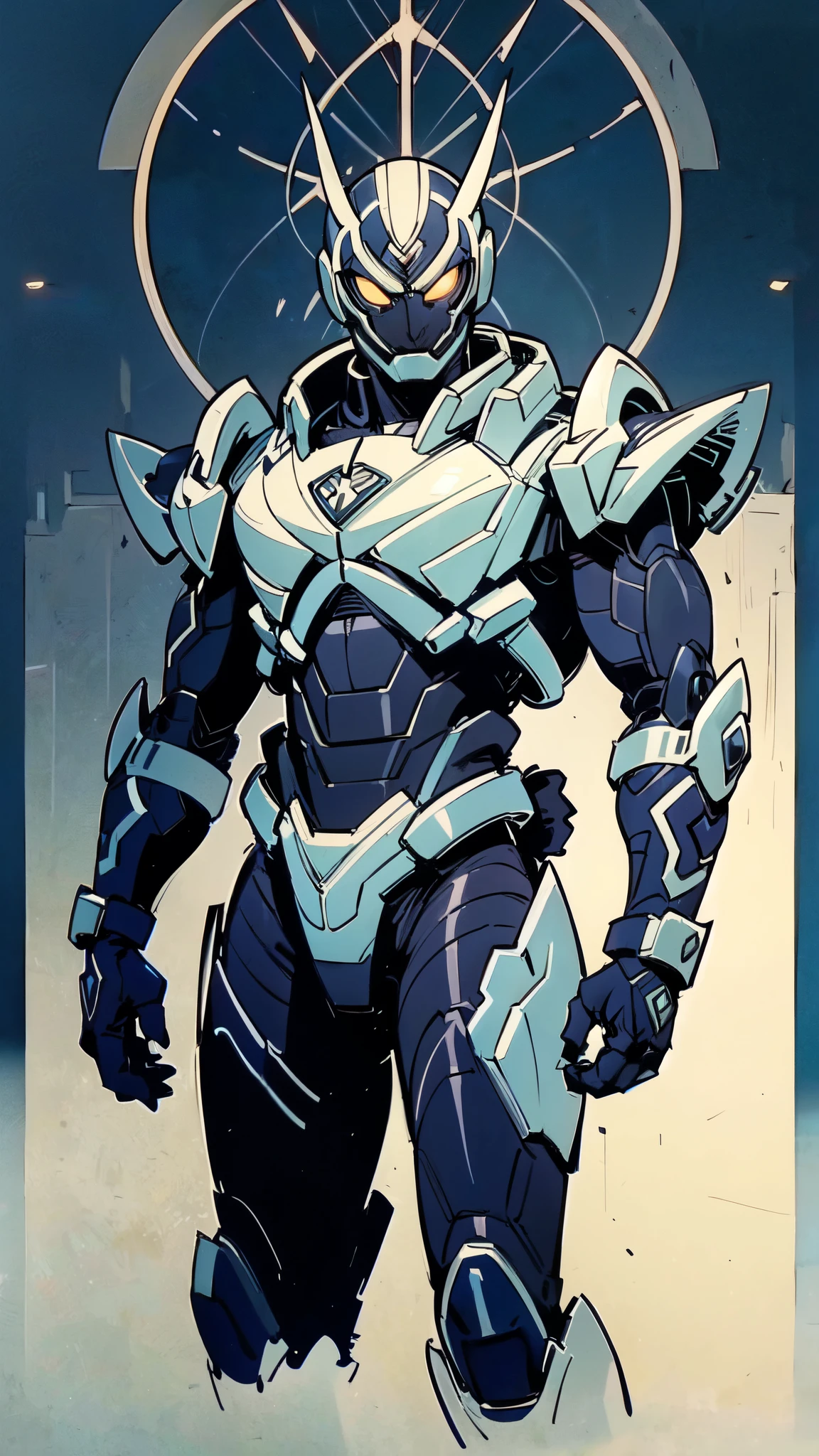 (masterpiece:1.5, best quality:1.5, extremely delicate:1.5), ((male:1.5)), a man wearing a full-face helmet, green eyes, fantasy-style high-tech biomimetic armored combat suit, (a composite layered chest armor), the design balances heavy with agility, fully enclosed shoulder guards, matching arm and leg guards, a belt of gemstone, (the color scheme is primarily White with Blue and Red accents, Organic Biotech, Concept Inspired by Skull, glowing eyes, armor glows, stand of a futuristic sci-fi city), this character embodies a finely crafted fantasy-style armored hero in anime style, exquisite and mature art style, metallic, high definition, highres, ultra-detailed, ultra-fine painting, professional, perfect body proportions, golden ratio, anatomically correct, symmetrical face, extremely detailed eyes and face, high quality eyes, creativity, RAW photo, UHD, 32k, Natural light, cinematic lighting, masterpiece-anatomy-perfect