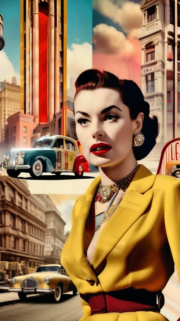 A surreal modernist collage, an American cityscape, famous celebrities, heritage, old vintage music, feminine, romance, 1940s style, (best quality,4k,8k,highres,masterpiece:1.2),ultra-detailed,(realistic,photorealistic,photo-realistic:1.37),intricate details,cinematic lighting,vibrant colors,dramatic shadows,surreal atmosphere,abstract elements,layered compositions,vintage aesthetic,nostalgic mood,iconic figures,historical landmarks,urban landscape,analog media,music theme