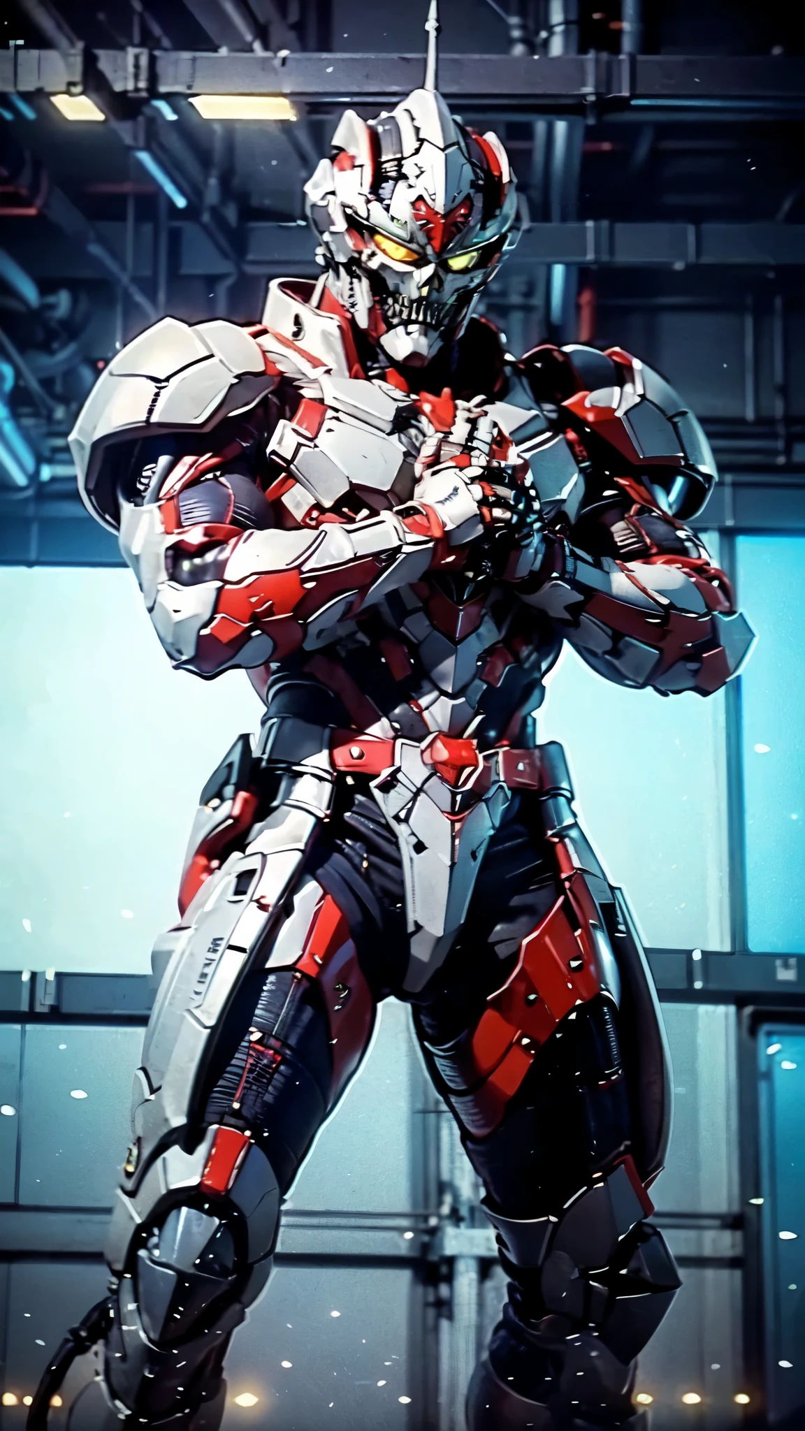 (masterpiece:1.5, best quality:1.5, extremely delicate:1.5), ((male:1.5)), a man wearing a full-face helmet, green eyes, fantasy-style high-tech biomimetic armored combat suit, (a composite layered chest armor), the design balances heavy with agility, fully enclosed shoulder guards, matching arm and leg guards, a belt of gemstone, (the color scheme is primarily White with Blue and Red accents, Organic Biotech, Concept Inspired by Skull, glowing eyes, armor glows, stand of a futuristic sci-fi city), this character embodies a finely crafted fantasy-style armored hero in anime style, exquisite and mature art style, metallic, high definition, highres, ultra-detailed, ultra-fine painting, professional, perfect body proportions, golden ratio, anatomically correct, symmetrical face, extremely detailed eyes and face, high quality eyes, creativity, RAW photo, UHD, 32k, Natural light, cinematic lighting, masterpiece-anatomy-perfect