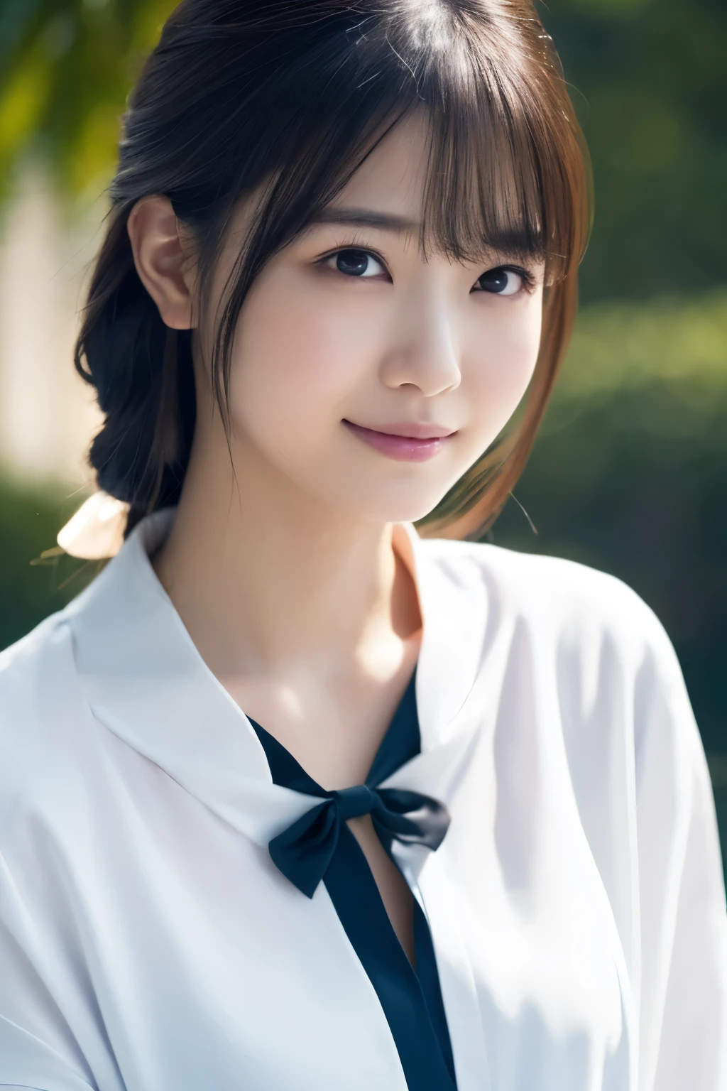  1 girl,  very beautiful portrait of a Japanese idol , (white blouse with bow at neck , pale violet short jacket:1.3),
(RAW Photo Best Quality), (Realistic, Realistic:1.4), (masterpiece), 
 very detailed, 2k wallpaper, wonderful, finely,  very detailed,  CG Unity 8k Wallpaper ,  very detailed,  Hi-Res, Soft light, 
 A beautiful girl with careful attention to detail,  very detailedな目と顔, A beautiful and elegant nose,  beautiful beautiful eyes,  Movie Lighting, 
(Bromide photography ). (Medium hair), (A shy smile:0.8),
 perfect anatomy, Slender body,  smaller breasts, Thin legs