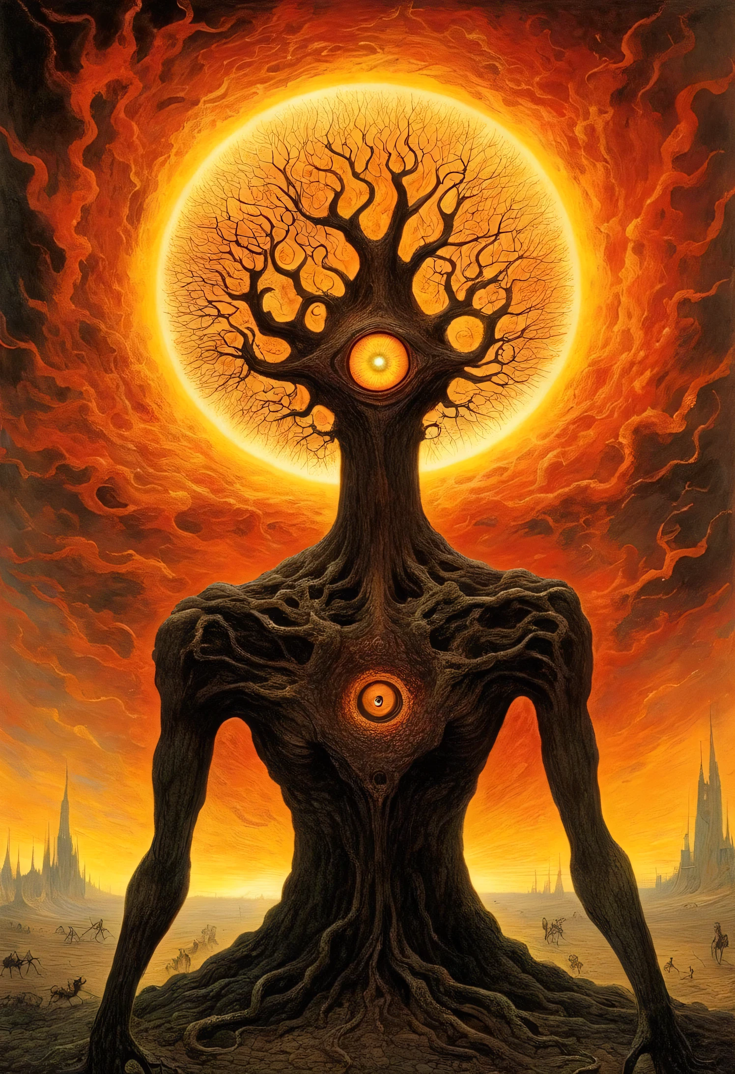 Mythical creatures, author: Dzislaw Beksinski and Vincent van Gogh, The Final Battle、universe、Azathoth、 black hole、world tree、Giant Eyes、Burning Dead 、hatred