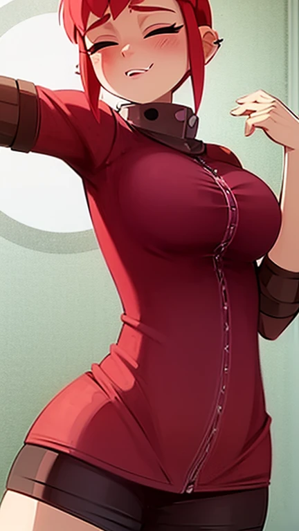 Nimona has large breasts showing and she is wearing her jacket 