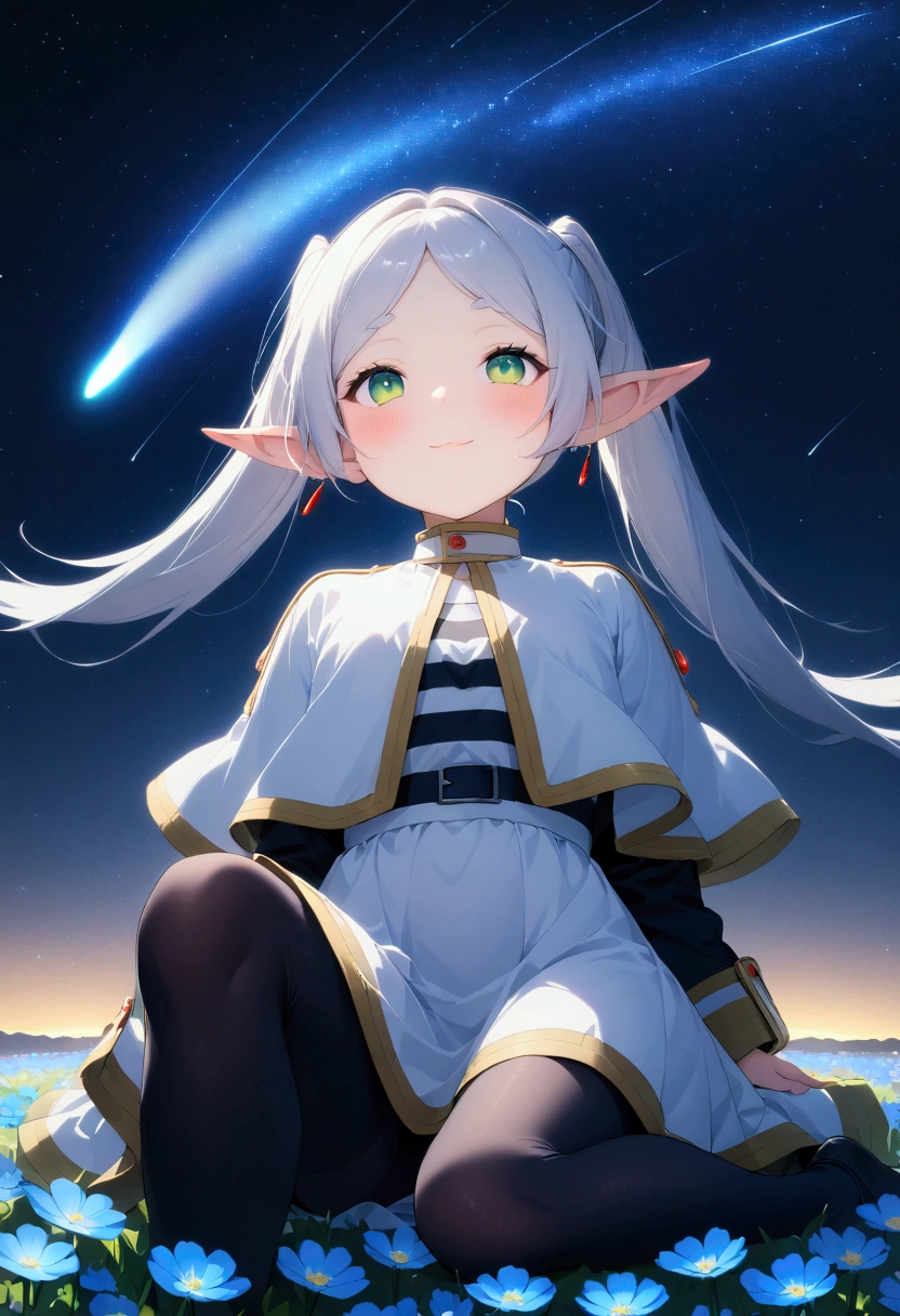  High image quality 、masterpiece、   high quality、Full HD、4K、画面の半分以上をNight Sky、 one girl sitting on the ground 、 view from below、 Funeral Freelen、 Silver Hair、 twin tails、Green Eyes、Elf Ears、 White Dress 、 striped inner、skirt with gold hem 、Black tights、 flat chest、Blushing cheeks 、 looking up at the sky 、Look Up、smile、Blue Flower Field、Draw 、Night Sky、 shooting stars、Meteor Shower