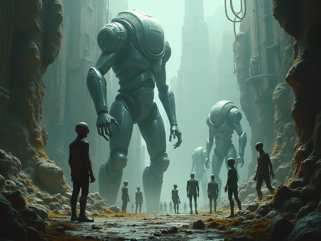robôs e alienígenas reunidos em um espaço futurista com elementos mecânicos e biológicos. Art inspired by the style of H .r. Giger,  with shadows and biological textures .