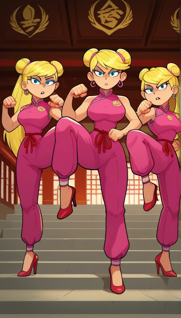 lola loud, 3girls, trio, 24yo girl, large breasts, pink cheongsam, inside of a chinese temple, looking at viewer, blonde hair, two hair buns , hands score_9, score_8_up, score_7_up, high heels, teep fighting stance,martial arts, stairs behind her, guarding the stairs, they wear the same outfit, they are twins