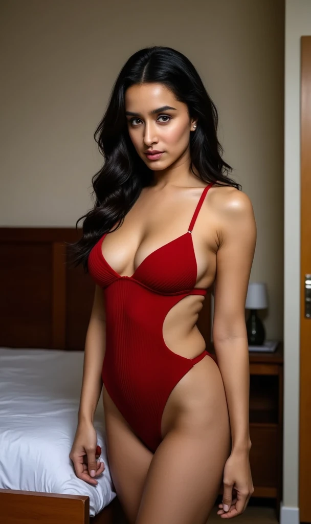 （lifelike， high - resolution：1.3）， 1 girl with a perfect body， Super fine face and eyes，slong hair, hair tied up, nude，red bikini， huge bearst，ultra detail tits, ultra detailing bearsts,  Expose cleavage, open leg, sexy look, sexy pose, seen from behind 