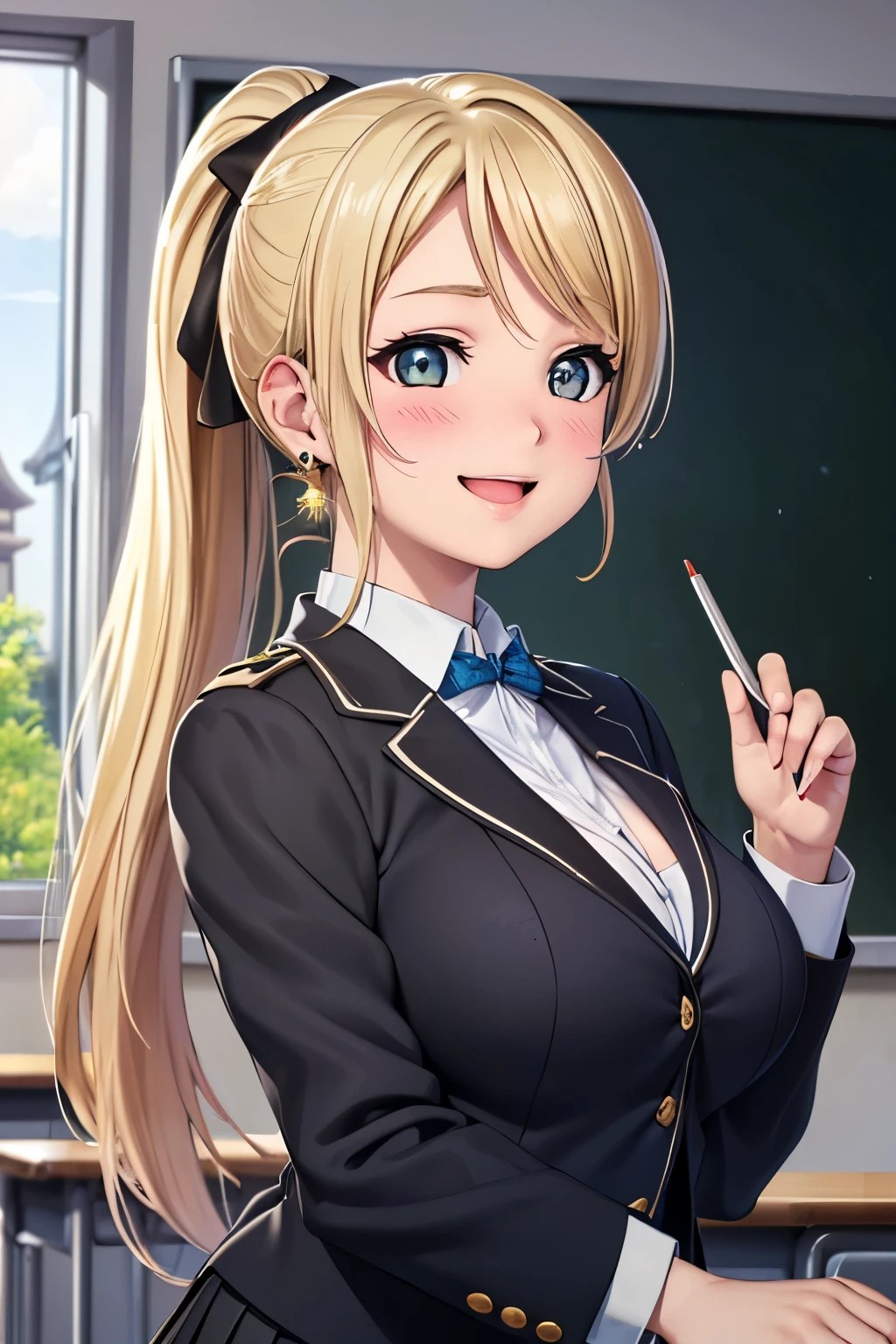  ( Maximum resolution :1.2)、(: 1.2), 8k resolution、 highly detailed facial and skin textures touching the hair, Cinematic Light、  perfect figure 、 Brown Eyes 、((Open your mouth:1.2))、(( blonde ponytail :1.2))、(( realistic texture :1.1)  、(( big breasts at the temple))、(( blushing smile ))、 big earrings that reach the wall、((black blazer student uniform:1.2))、((classroom)) 、 black mini skirt、blue sky、 cleavage、 is embarrassing、green chalkboard 、((slouch))、Upper body close-up